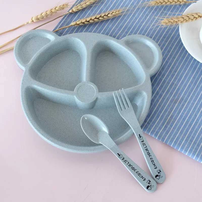 3-Piece Cute Divided Dining Plate for Childrens Bowls Solid Color Fork Spoon Sucking Tableware Set with Wheat Material X250806
