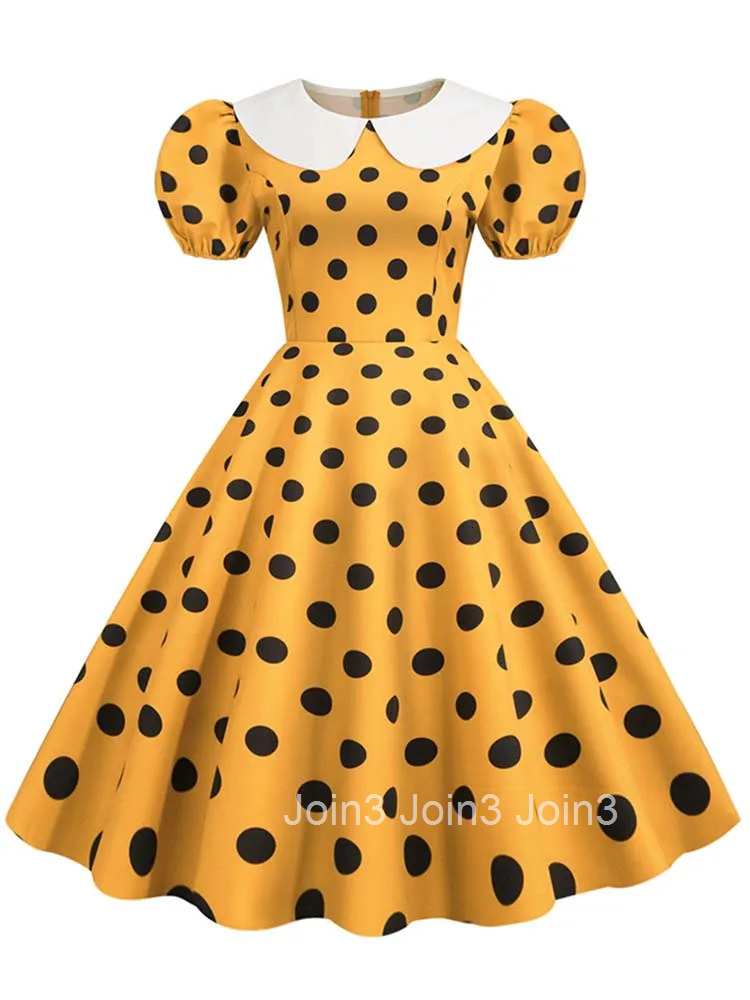 Elegant Women Summer Dress Puff Short Sleeve Polka Dot Peter pan Collar Vintage A-line Midi Long Party Sundress Robe Femme
