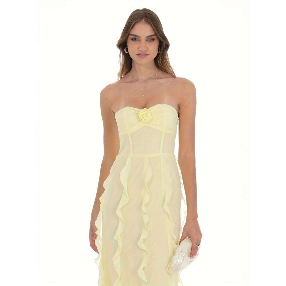 Elegant French-Inspired Yellow Ruffle with Floral Detail - Sleeveless, Strapless, Long Flowing Gown Women, Perfect for Party Weddings and Formal Event