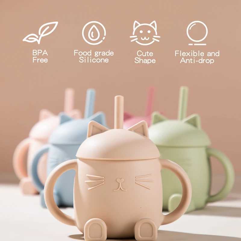 Baby Feeding Drinkware Straw Cup Cartoon Cat Baby Learning Feeding Cup Bib BPA Free Silicone Tableware Toddler Water Bottle X2508061