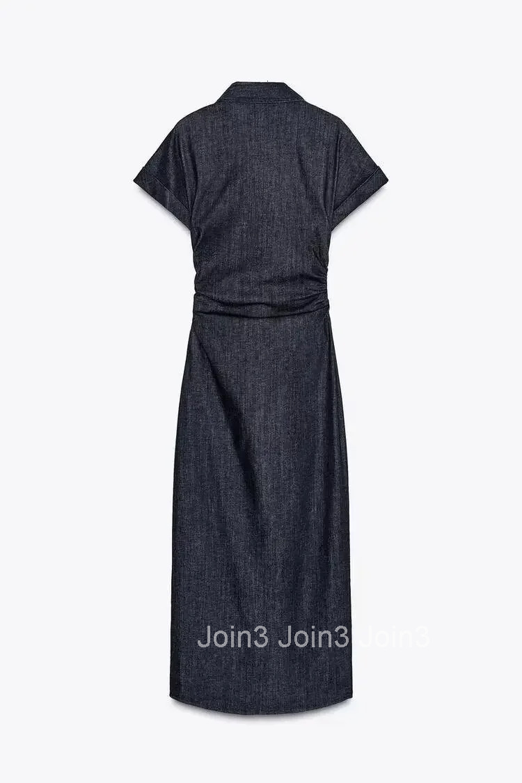 Elegant Single Breasted Blue Denim Midi Dress For Woman Spring New V Neck Short Sleeved Wrapped Hip Dresses Chic Lady Streetwear