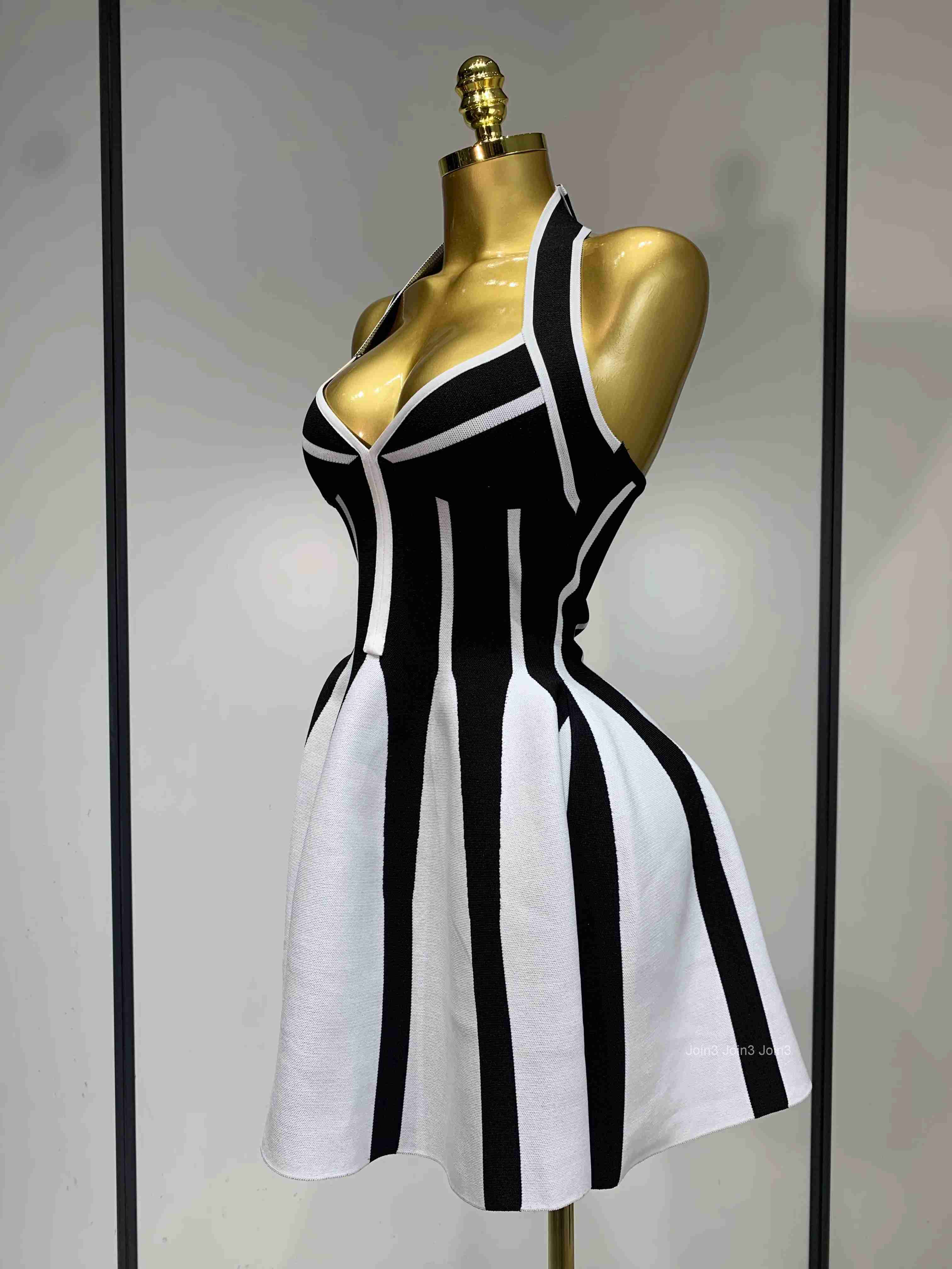 Women Sexy Backless Black White Stripes Halter Bandage A Line Short Dress Celebrity Elegant Evening Party Holiday Club Dress