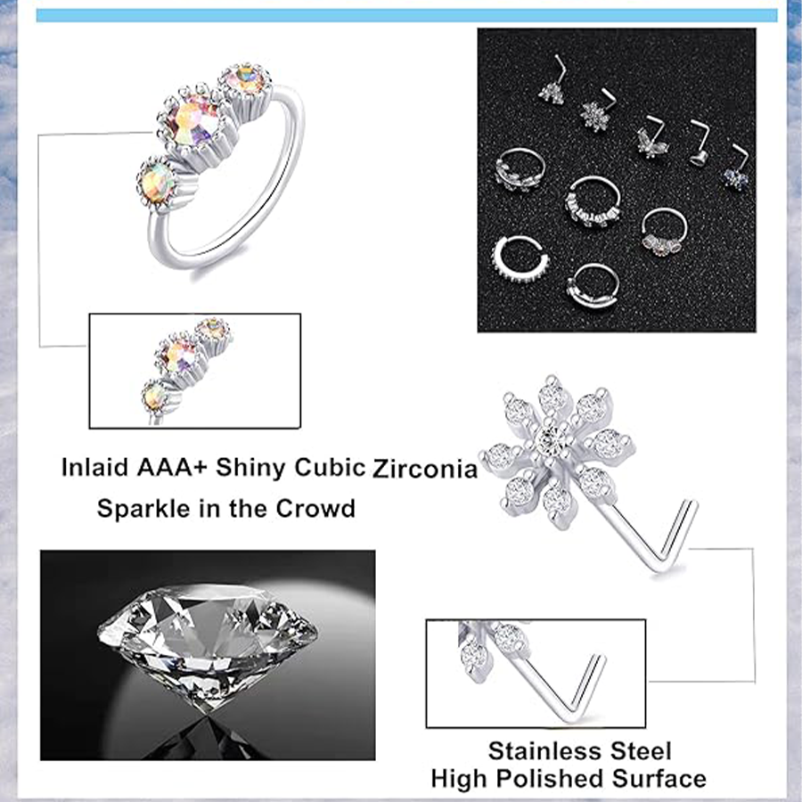 10Pcs Nose Ring Hoop Paved Flower Leaf Butterfly Feather CZ Cartilage Earrings Nose Piercing Jewelry for Women Men Silve Tone 20G