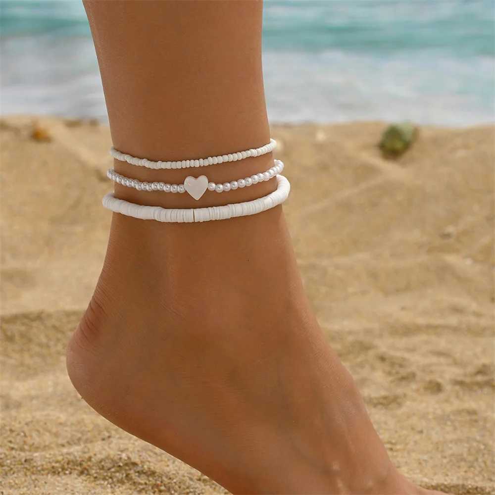 Simulated Pearl Rice Beads Heart Anklets For Women Silver Color Foot Chains Ankle Beach Jewelry Summer Accessories Y250805