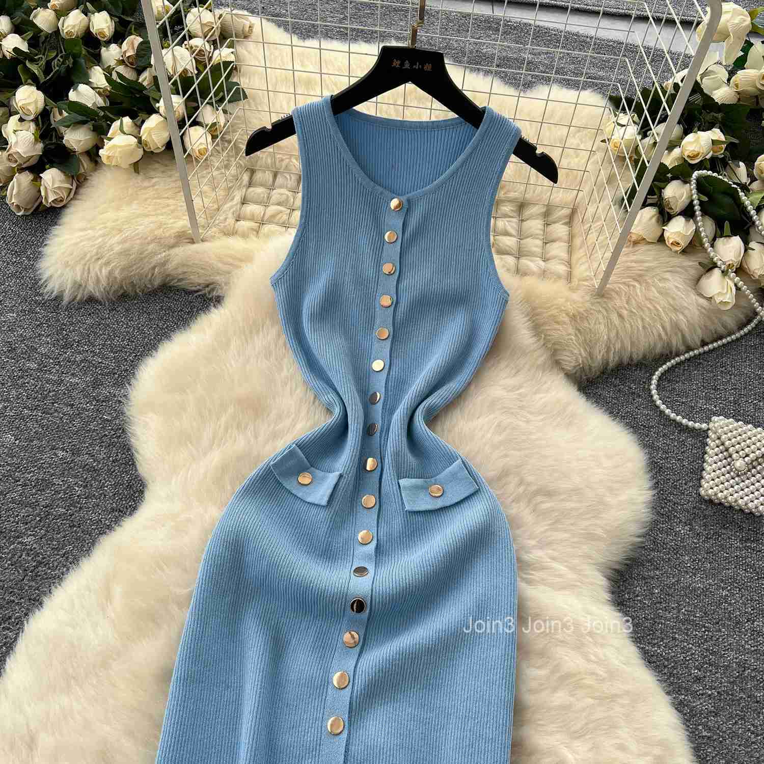 New Women Chic Fashion With Golden Buttons Knitted Midi Dress O Neck Sleeveless Female Dresses Vestidos Mujer