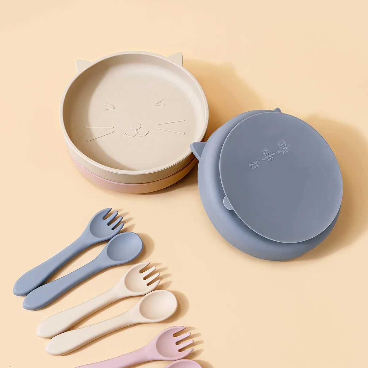3pcs/set Silicone Children Tableware Baby Feeding Set Silicone Dinner Plate Soft Silicone Spoon Fork Baby Training Tableware X250806
