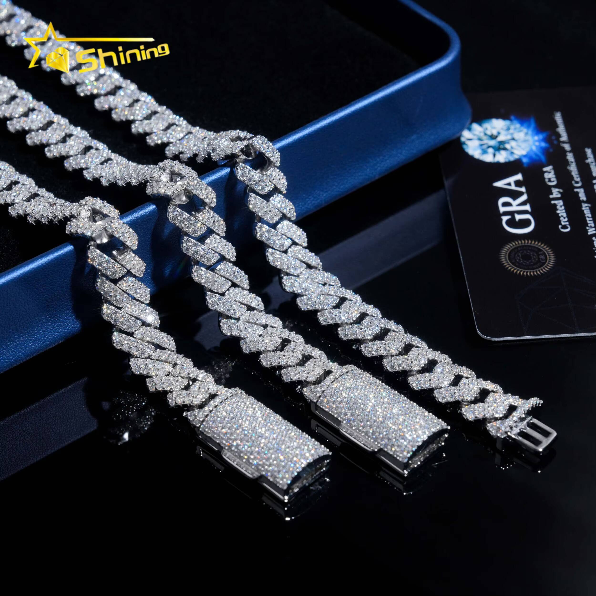 Rapper Hip Hop Miami Necklace Iced Out 12MM 2Rows Diamond 925 Sterling Silver Moissinite Cuban Link Chain