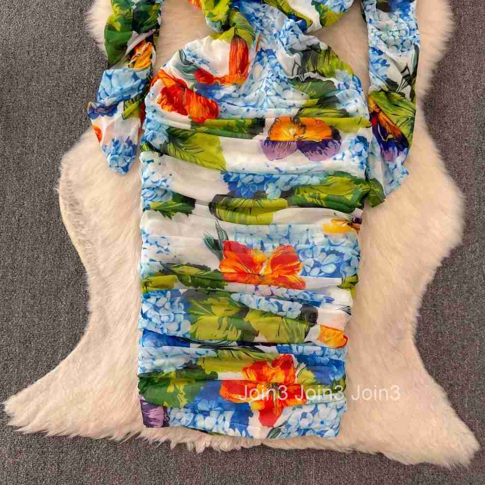 Fresh Print Vestidos Mujer Women Bodycon Dresses Square Collar Long Sleeve Dress Elegant Feminino Vestido Autumn Robes