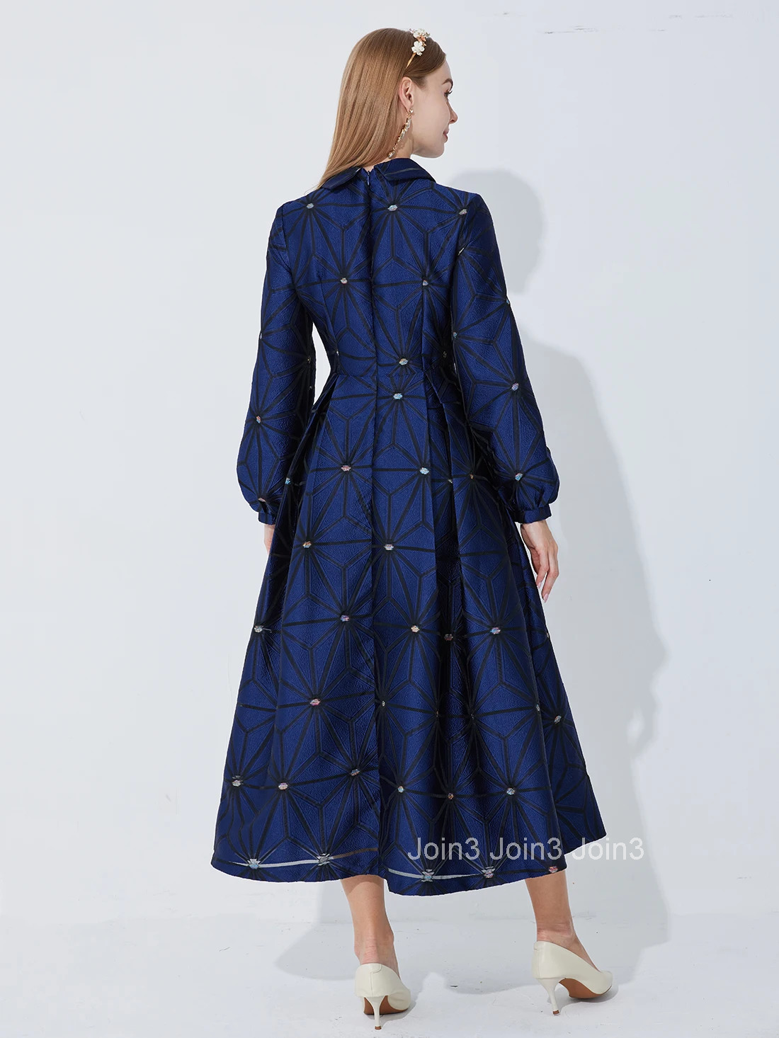 Fall/Winter Turned Collar Lined Sleeve A-Line Silhouette Geometric Heavyweight Jacquard Elegant and Graceful Long Dress