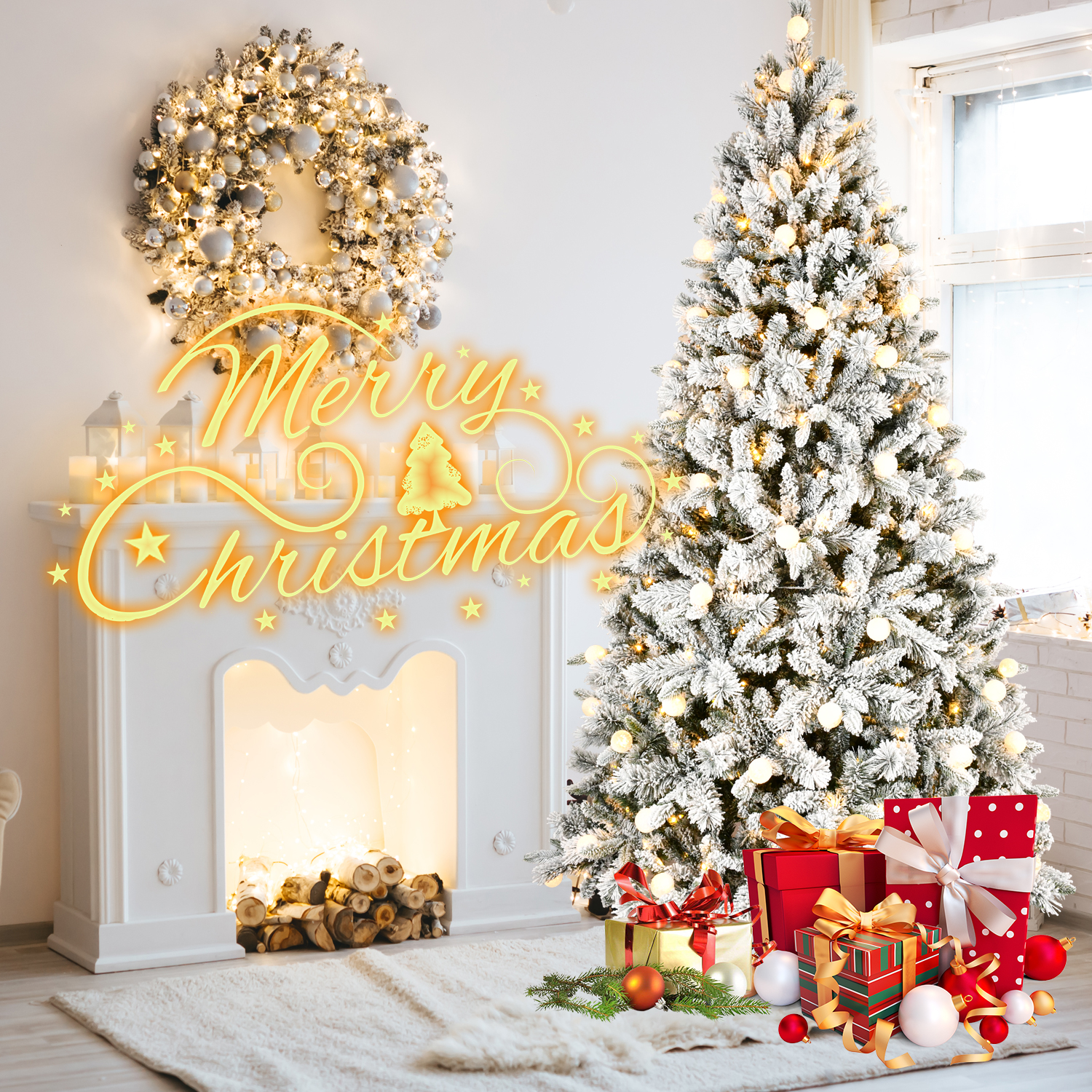 Flocked Christmas tree 7.5ft PE/PVC/Hard needle mixed tree(memory wire+power pole), 1,253+ tips, 400L bi-color led with G45bal