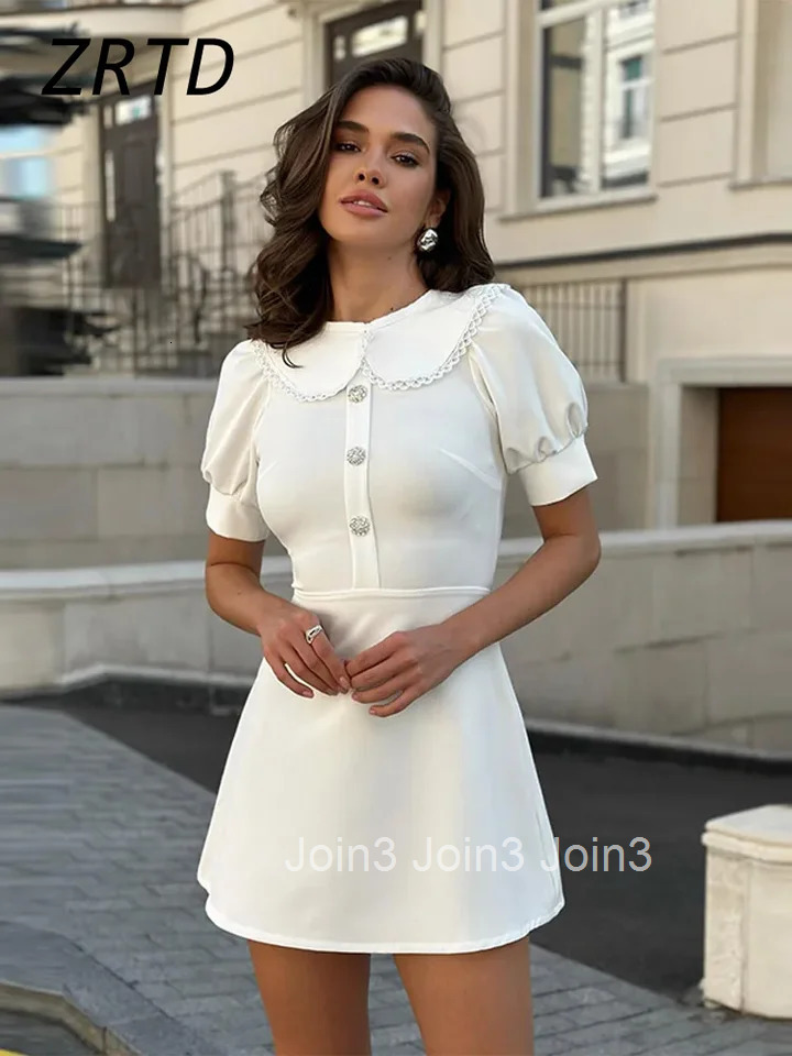 Elegant Doll Collar Womens Dress Spring Summer Fashion Slim Short Sleeve Button Female Dresses Lady High Street Vestidos