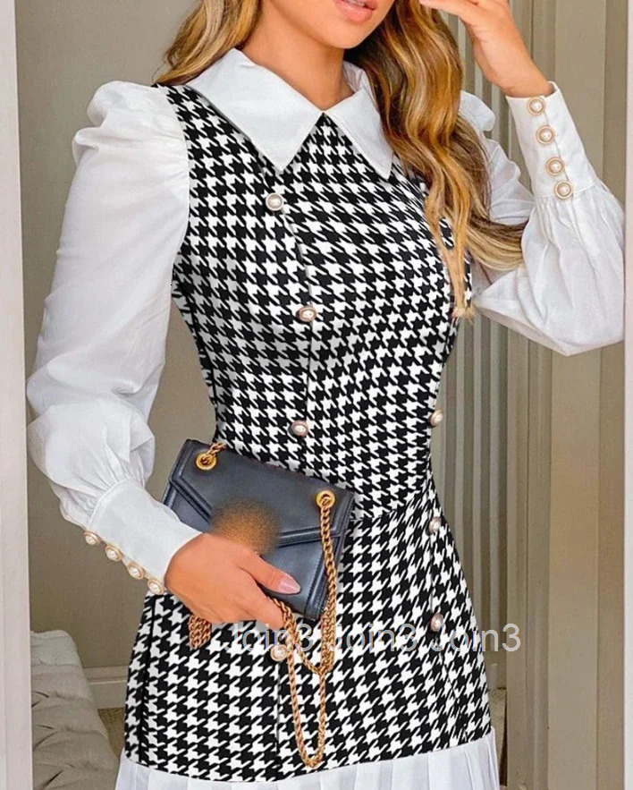 Womens Dresses Spring Fashion Houndstooth Button Decor Puff Sleeve Ruffle Hem Elegant Turn-Down Collar Daily A Line Dress