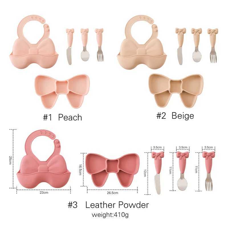 Baby Tableware Set BPA Free Silicone Bow Dish Tie Bowl Fork Food Plate Stainless Spoon Non-slip Tableware Newborn Feeding Tool X250806