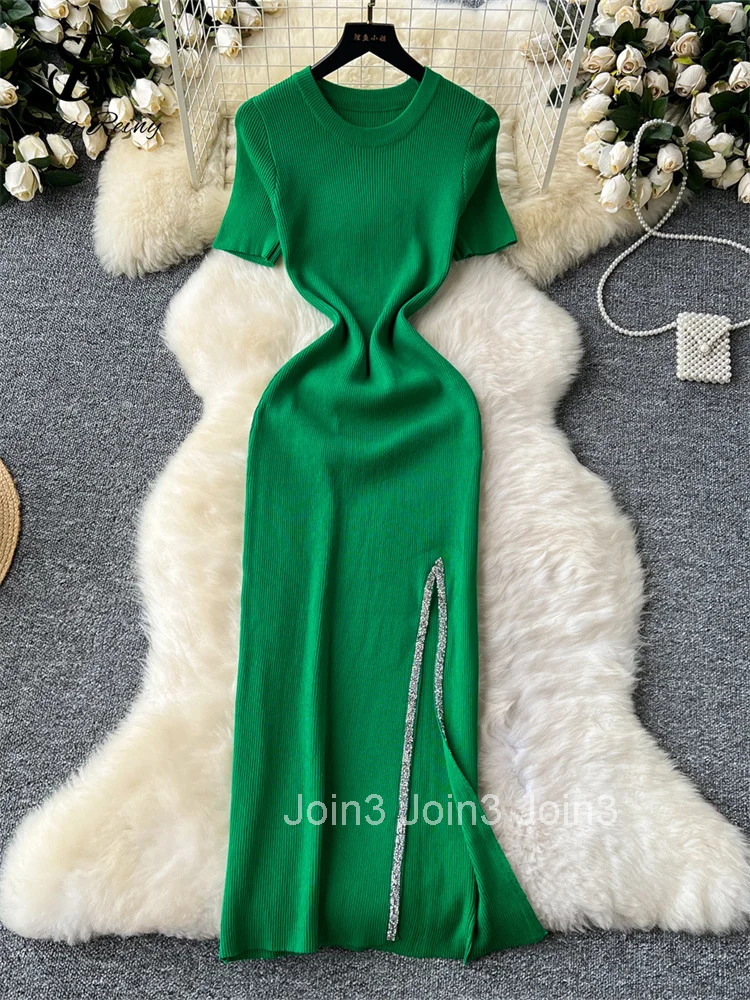 Senior Luxury Slim Dress Ladies O-Neck Bodycon Sequins Split Chic Design Summer Fashion Knitted Women Sexy Midi Dress
