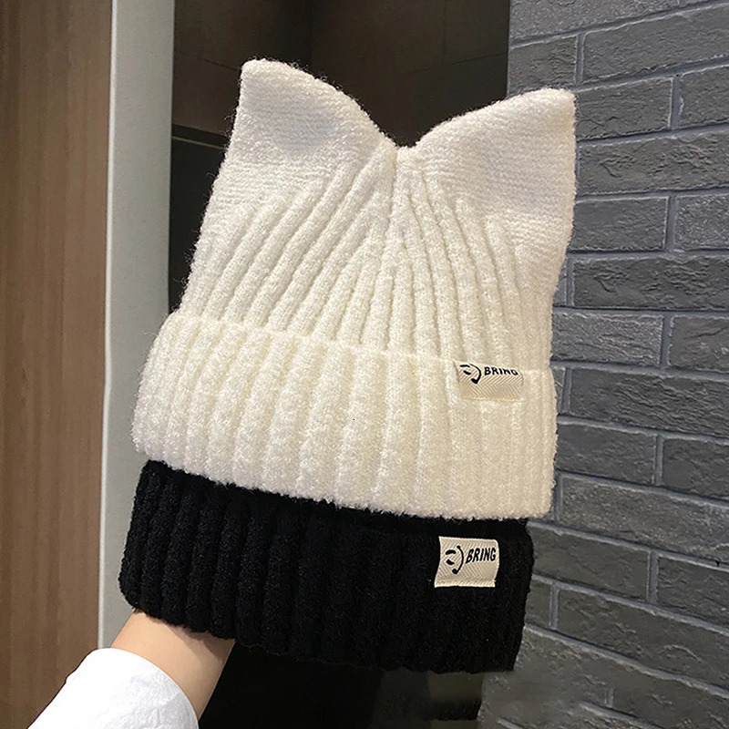 Cute Cat Ears Beanies For Women Autumn And Winter Warm Ear Protection Sweet Versatile Pullover Knitted Hats 250806