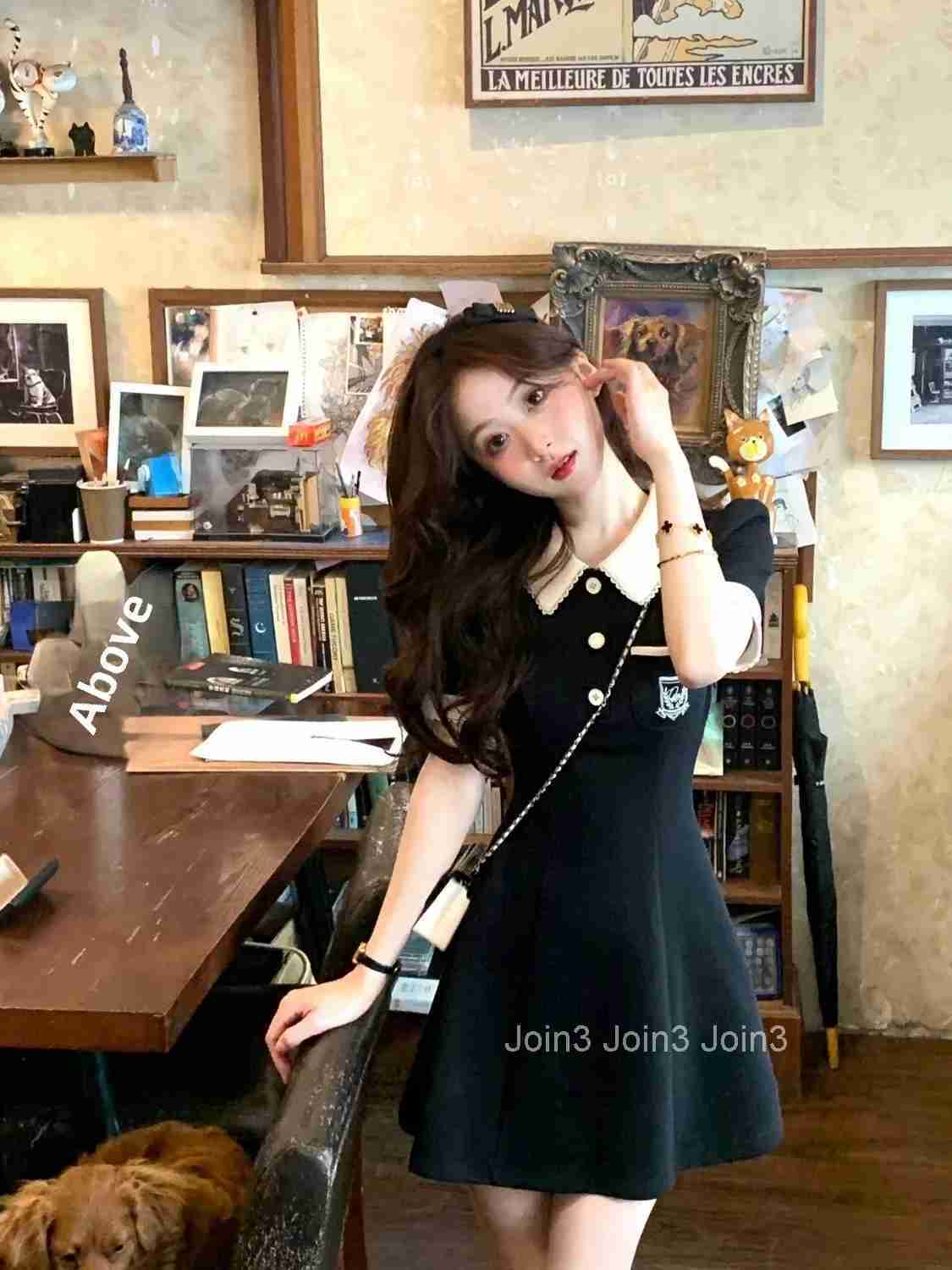 Hebe Style Polo Collar Little Black Dress Sweet Fashion New Ladys Patchwork Embroidered Midi Dress Womens Clothing