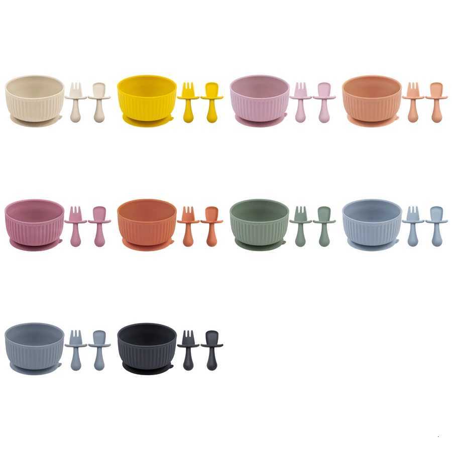 2024 New Baby Silicone Tableware Vertical Stripe Bowl Silicone Fork Spoon 3pcs With Strong Suction Newborn Training Bowl X250806