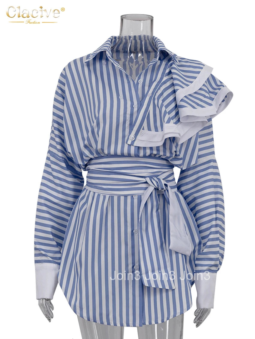 Clacive Fashion Loose Blue Stripe Womens Dress Elegant Lapel Long Sleeve Mini Dresses Casual Classic Lace-Up Female Dress