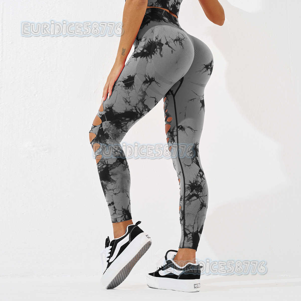 Seamless Tie-dye Ripped Yoga Pants Sexy Butt-lifting High-waist Hollow Sports Tight Yoga Leggings H250806