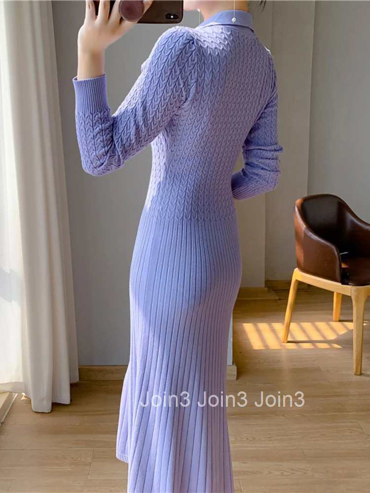 New Autumn Winter Sweater Dress Women Purple White Or Black Buttons High Waist A Line Elegant Knitted Dresses Female