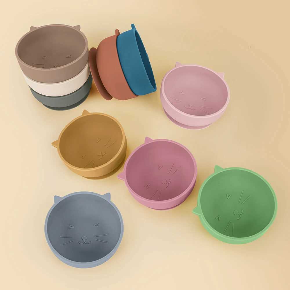 1PC Baby Silicone Bowl Cute Cartoon Cat Shape Baby Tableware Solid Color Baby Food Storage BPA Free Suction Baby Feeding Tray X2508061