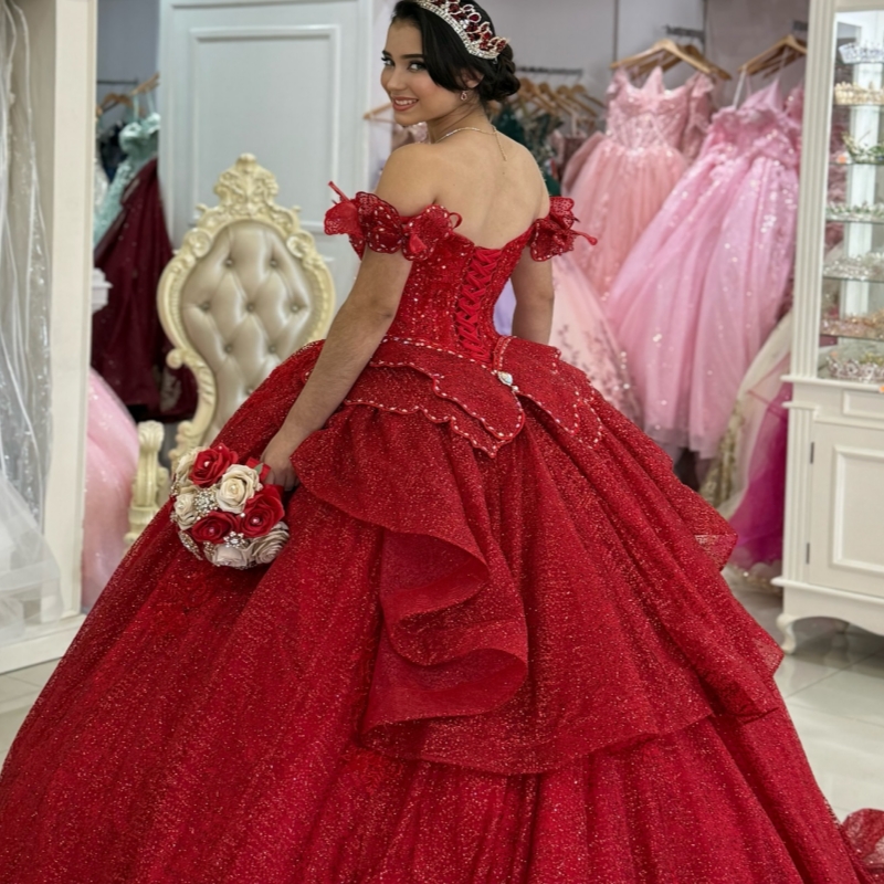 Red Shiny Quinceanera Dresses Off The Shoulder Sequin Applique Beads Bow Tull Ball Gown Vestidos De 15 Anos Sweet 16 Dress