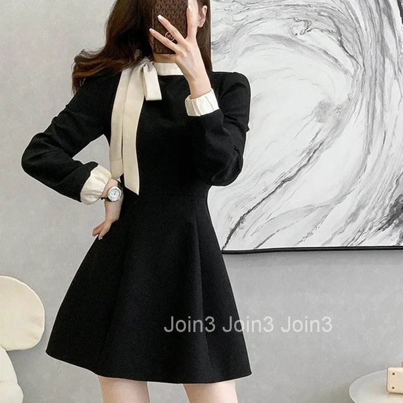 Hot Sale Women Chic Elegant Formal Occasion Mid-Length Dress Autumn Lady Korean Style Designer Bowknots Long Sleeves Dress