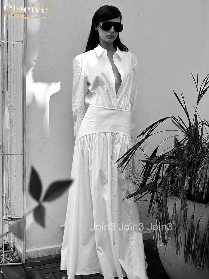 Clacive Fashion Loose White Cotton Womens Dress Casual Lapel Long Sleeve Ankle Length Dresses Elegant Classic Female Dress