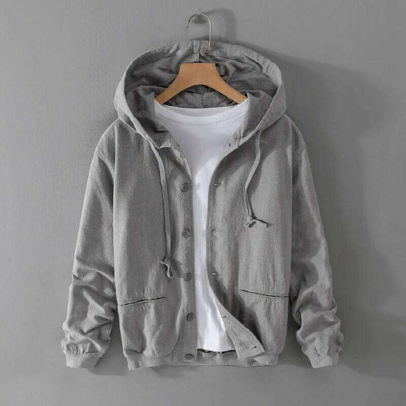 Designer Clothing 2025 Men Summer Breathable Cotton Linen Jacket Street Casual Hooded Coat Male Solid Button Jackets Youth Japan Vintage Clothes