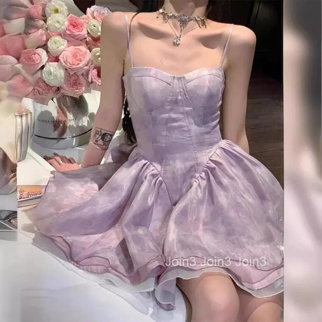 Summer French Style Pure Desire Strapless Princess Ball Gown Dress Womens Sleeveless Waist-Cinched Mini Dress Elegant