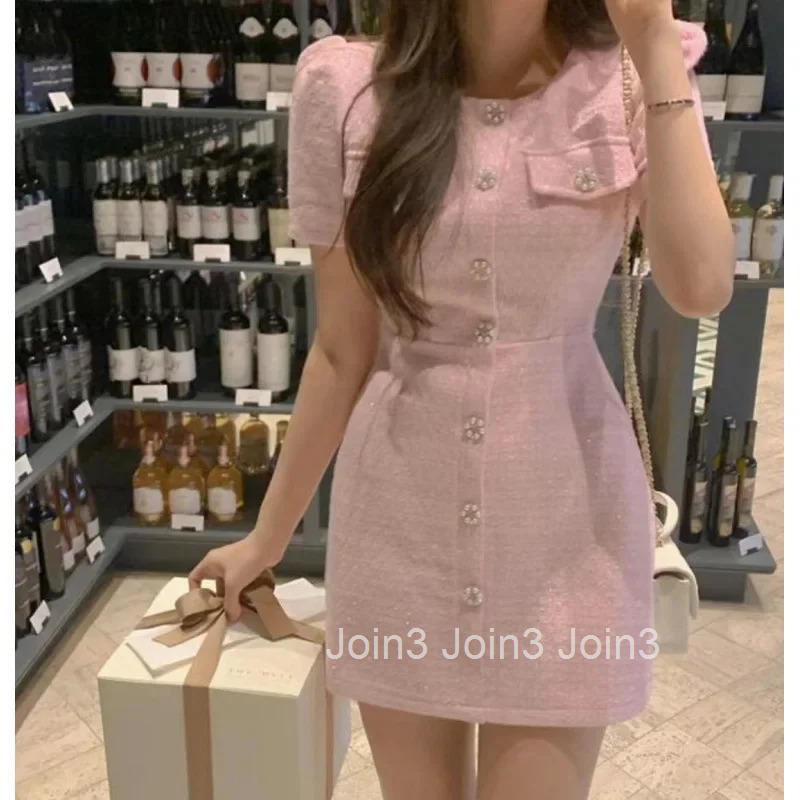 Chic Tweed Short Sleeve Bubble Dress Single Button Korean Style Mini Dress Fashionable Elegant Simple Design AE Stock Item