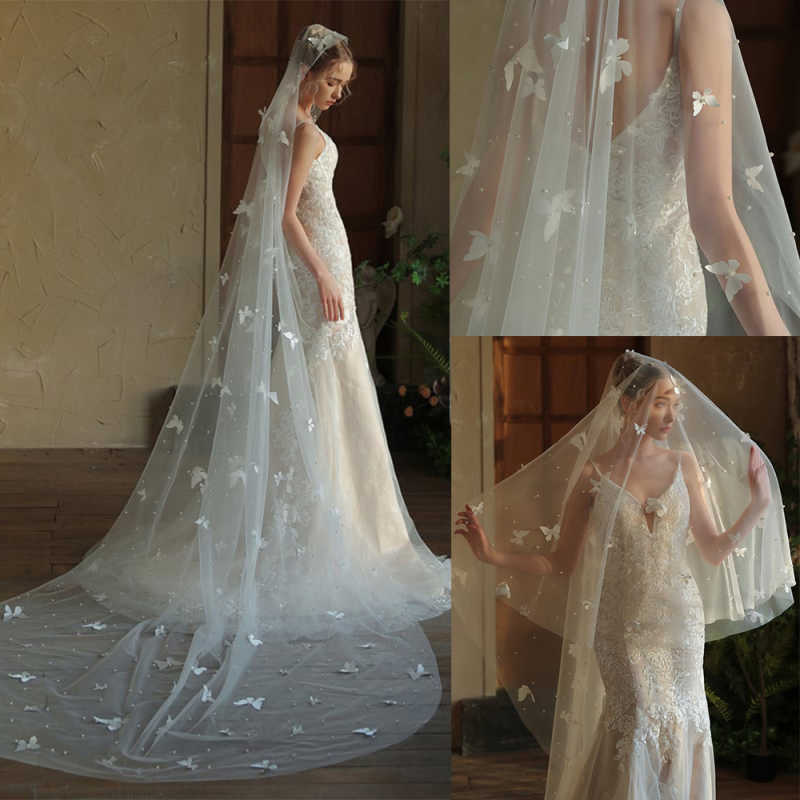 Romantic Butterfly Beaded Wedding Veil Without Comb One Layer Long Cathedral Bridal Veil Wedding Accessories Customized