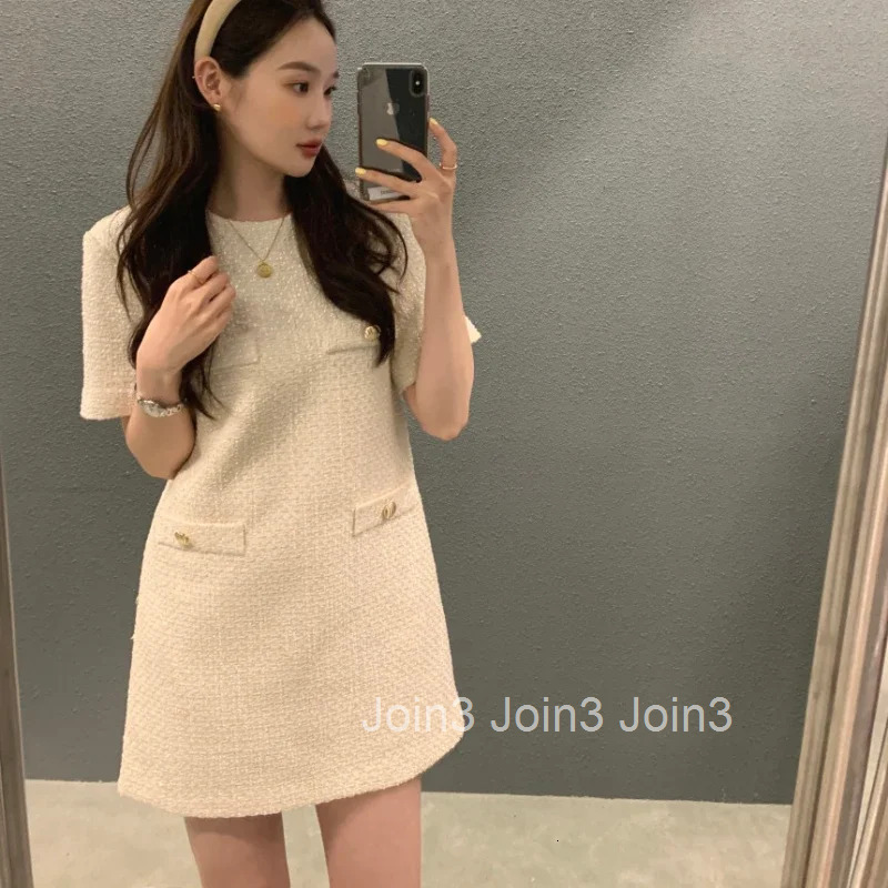 Simple O Neck Short Sleeve Elegant Tweed Dress Women Summer Vintage All Match Loose Robe Femme Korean Style Chic Vestidos
