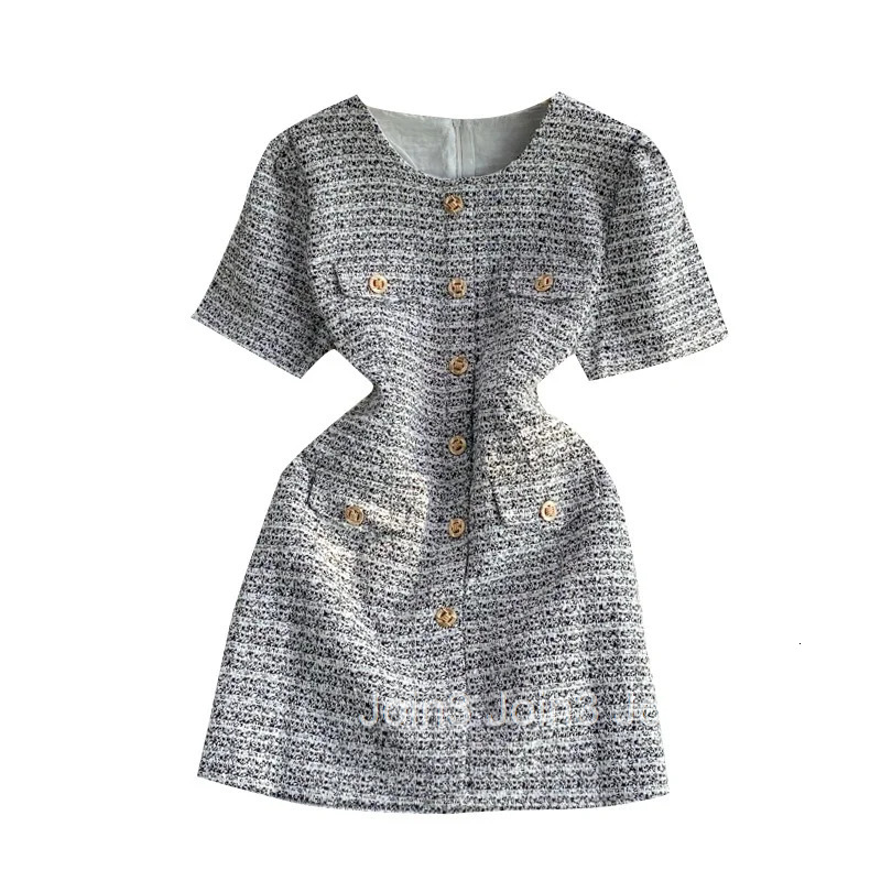 Ele Korean Sle round Ne Single Button Tweed ort Sve Dr Ladylike Faionable Midi Skirt A-Line Silhouette