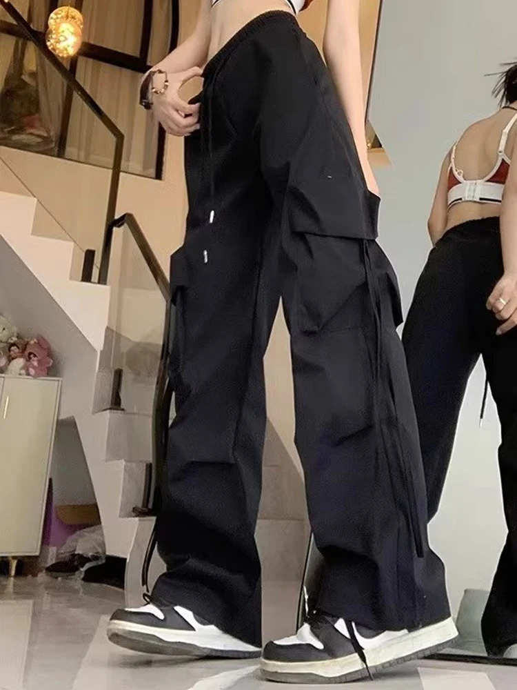 Women Korean High Waisted Slacks Lady Japanese 2000s Style Y2k Lace Up Cargo Trousers Female Yellow Pink Blue Black Joggers 250806