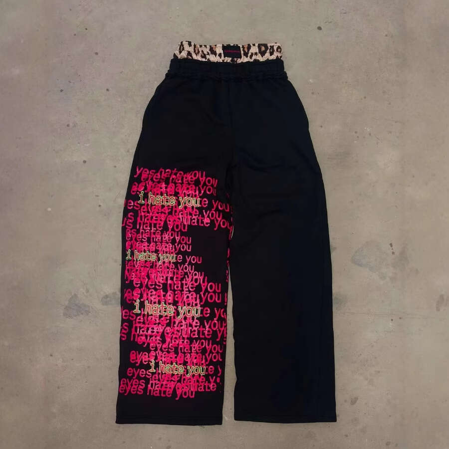American High Letter Print Double Waistband Casual Pants Men Street Hip Hop Fake Two-Piece Loose Straight Sweatpants