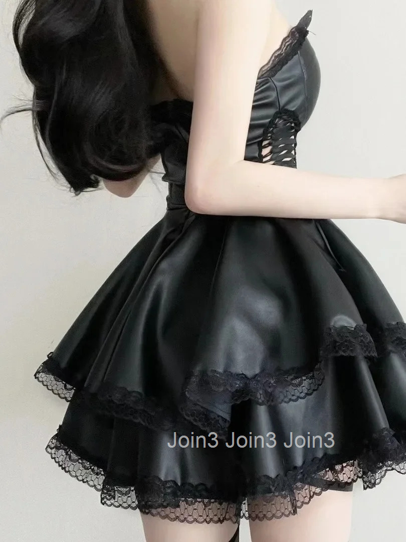 Pure Desire Style Spicy Girl Sweet Cool Strapless Waist Cinching Design Lace Leather Dress Elegant Sweet Bandage Mini Dress