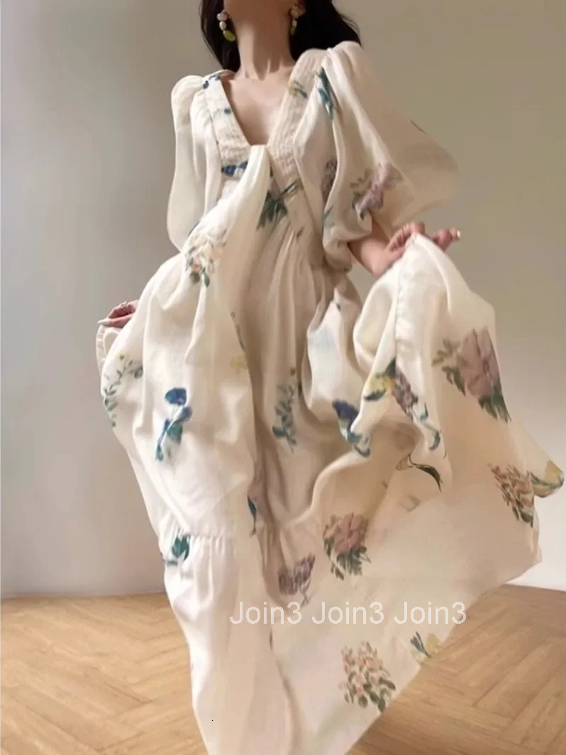 Vintage Fashion Printing Dress Cotton Linen Large Hem Loose Design V-neck Short Sleeves Women Dresses