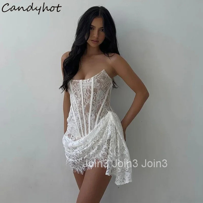 Candyhot Elegant Lace Strapless Sexy See-through Dress Bandage Irregular Mini Dress For Women Summer Slim Street Party Dress