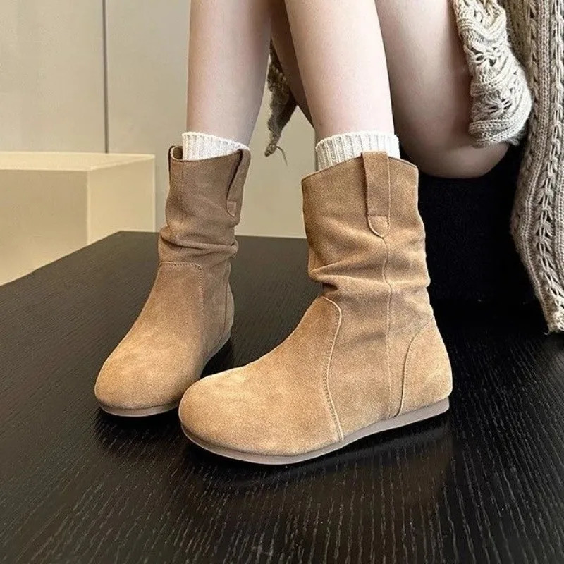 Flats Suede Casual Shoes Women Ankle Boots Slip-on Autumn Apricot Goth Round Toe Short Botas Retro Versatile Chelsea Botines 250805