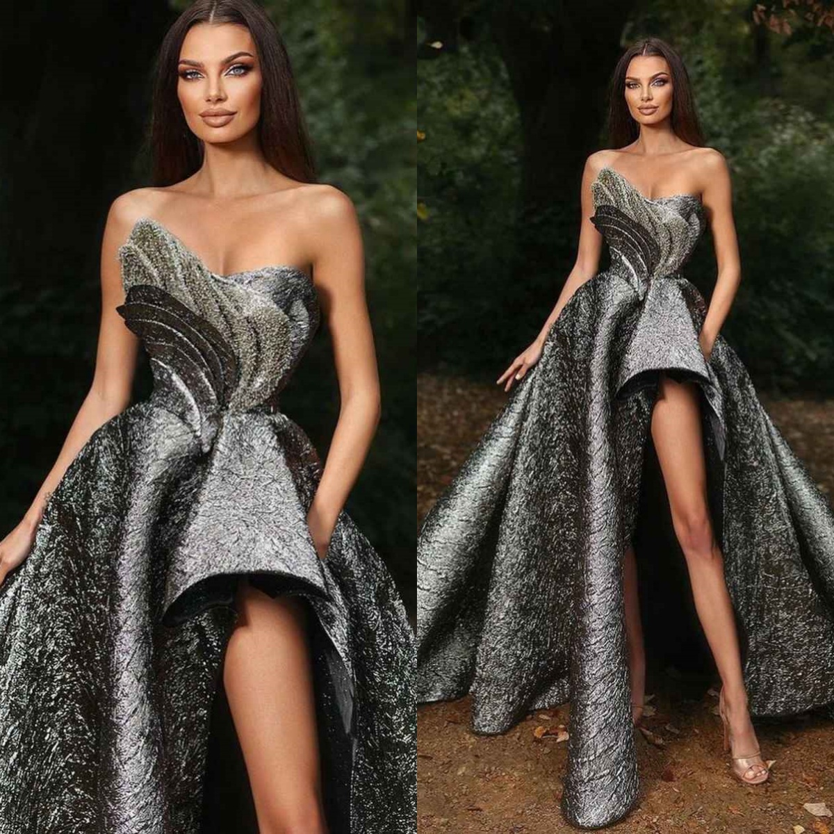 Satin Prom Dress A-Line Evening Dress Sleeveless V Neck Side Slit Sequins Appliques 3D Lace Prom Gowns Plus Size Customized vestido de novia