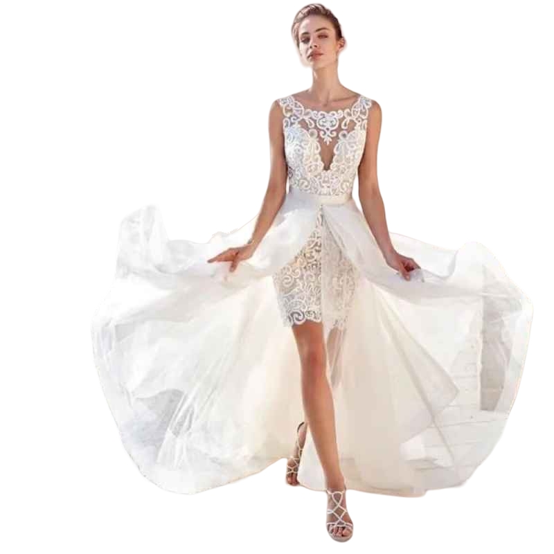 Short Sheath Lace Wedding Dresses With Detachable Skirt 2 in 1 Boho Beach Bridal Gown Appliques Illusion Back Ivory Bride Dress Summer Vestidos De Nov