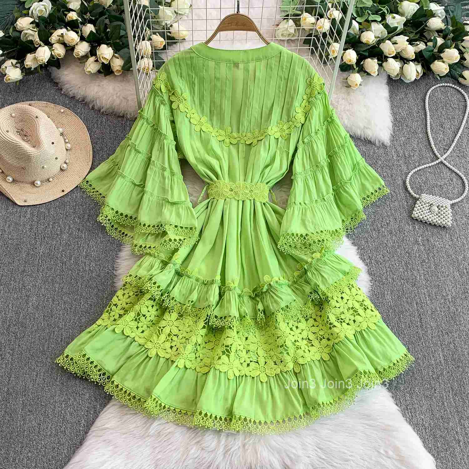 Vintage sexy short sleeve V-neck Spliced Dress Chic Summer Beach fairycore Vestidos Vacation women clothing