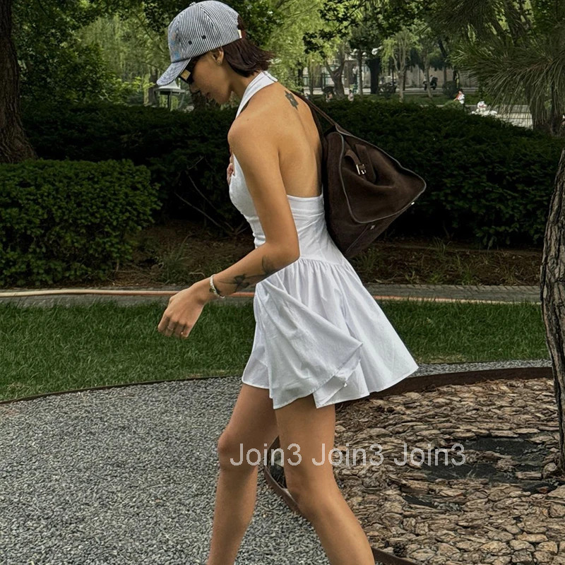 A-Line Dress Women Summer New White Fashion Halter Sleeveless Sexy Backless Dresses Casual Slim Club Party Elegant Lady Dress