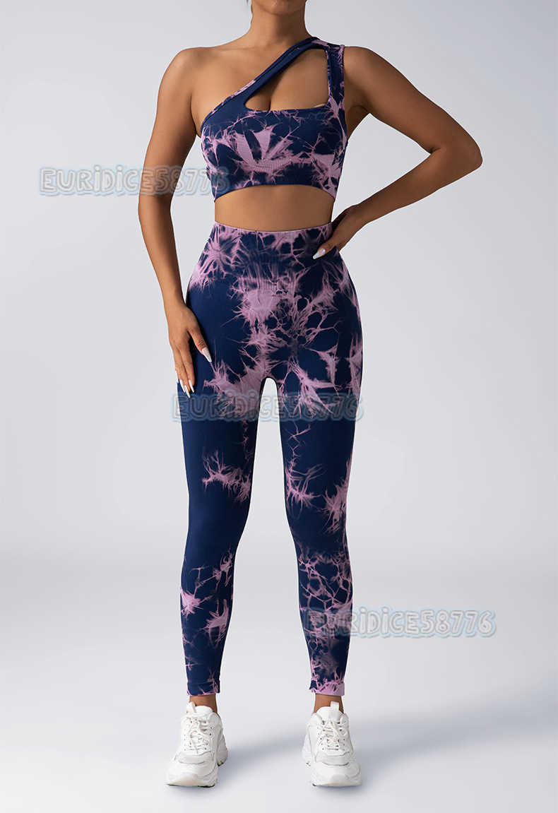 Seamless Knitted Tie-dye Yoga Hip Lift High Waist Elastic Sports Running Bra Set with Chest Pads H250806