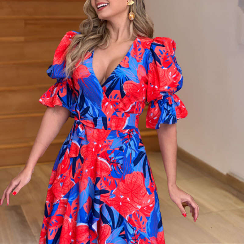 Summer New Women's Fashion Slim Waist Printed Stylish V-Neck Casual Dress 661 B5