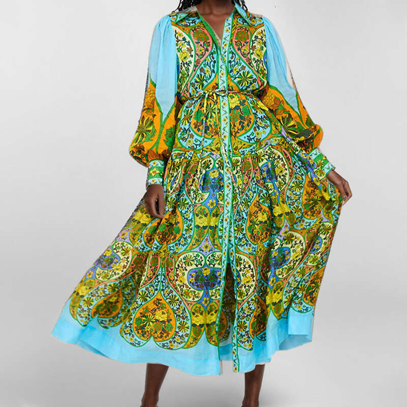 New Women's Clothing Pastoral Style Elegant Printed Lantern Sleeve V-Neck Flared Summer Dress For Women B5