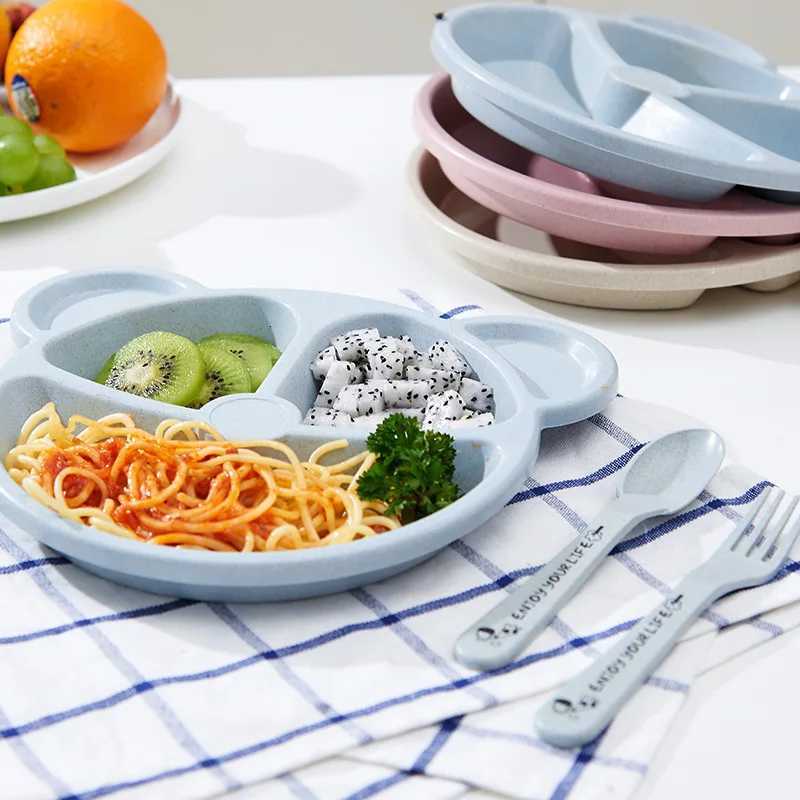 3-Piece Cute Divided Dining Plate for Childrens Bowls Solid Color Fork Spoon Sucking Tableware Set with Wheat Material X250806