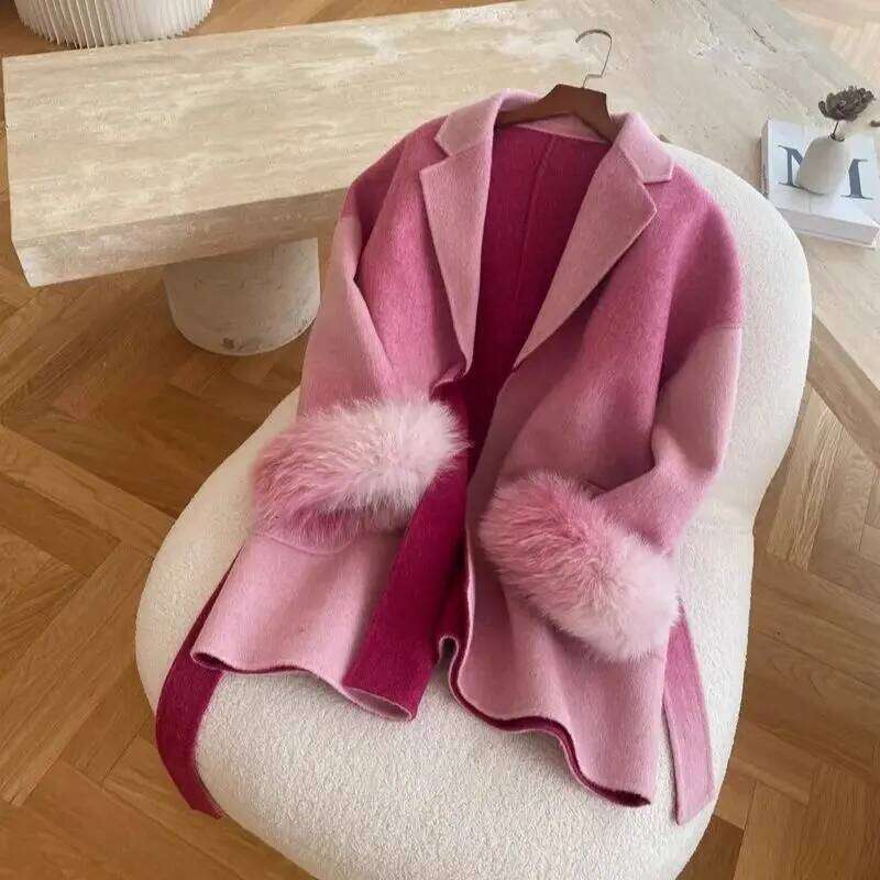 2025 Winter Jacket Women Real Natural Fox Fur Cuffs Wool Blends Gradient Color Thick Warm Fashion Outerwear Streetwear 250806