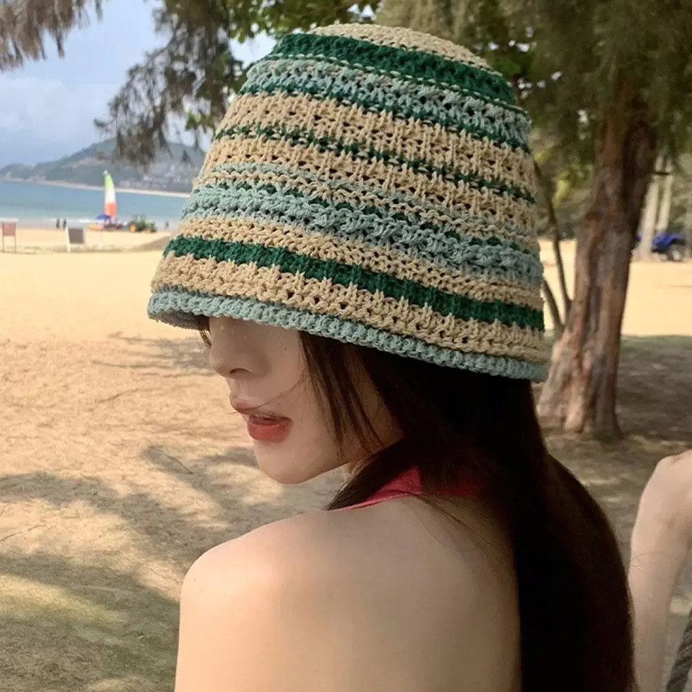 Japanese Style Woven Striped Fisherman Hat Retro Hollowed Hat Versatile Summer Breathable Sun Protection Foldable Beach Hats 250805
